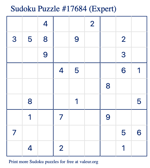 Free Printable Expert Sudoku Puzzle number 17684