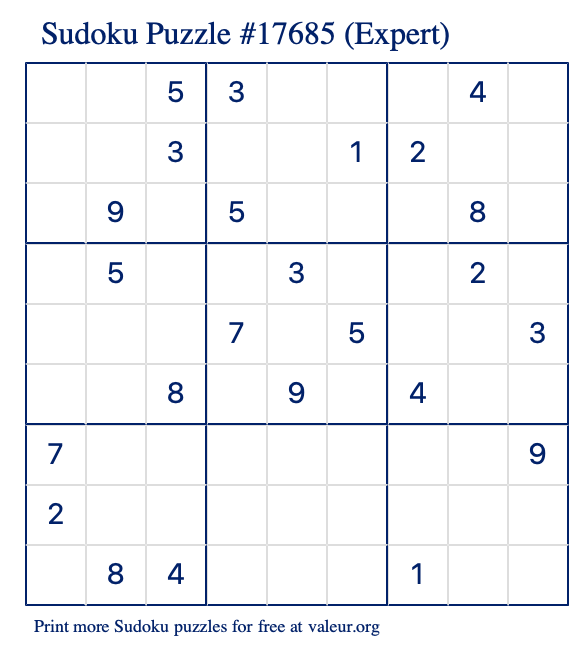 Free Printable Expert Sudoku Puzzle number 17685