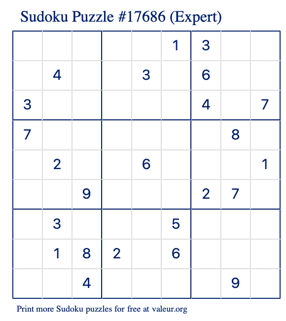 Free Printable Expert Sudoku Puzzle number 17686