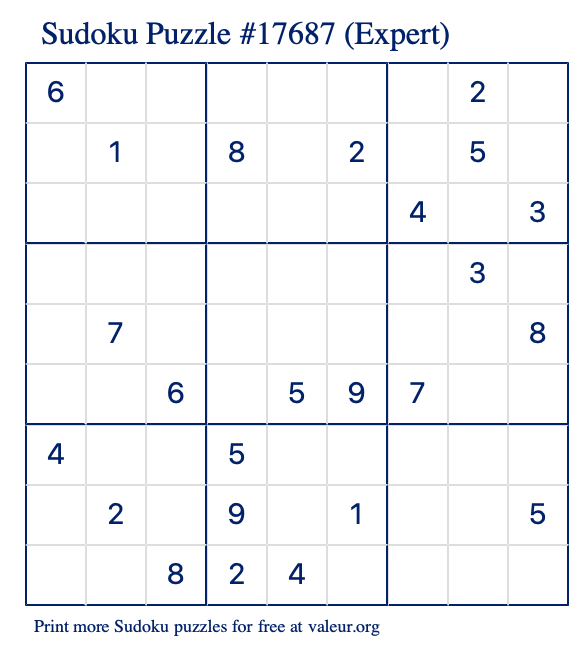 Free Printable Expert Sudoku Puzzle number 17687