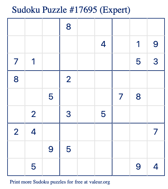 Free Printable Expert Sudoku Puzzle number 17695
