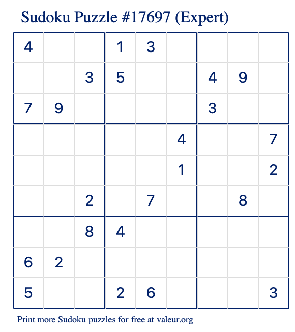 Free Printable Expert Sudoku Puzzle number 17697