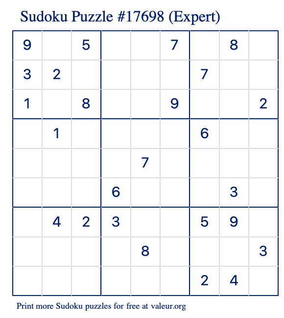 Free Printable Expert Sudoku Puzzle number 17698