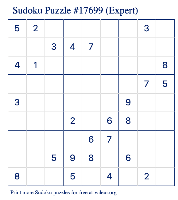 Free Printable Expert Sudoku Puzzle number 17699