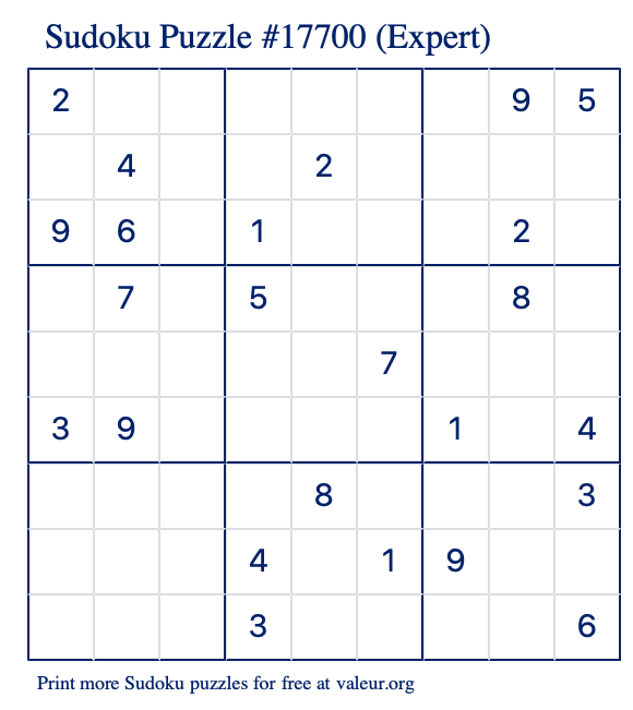 Free Printable Expert Sudoku Puzzle number 17700