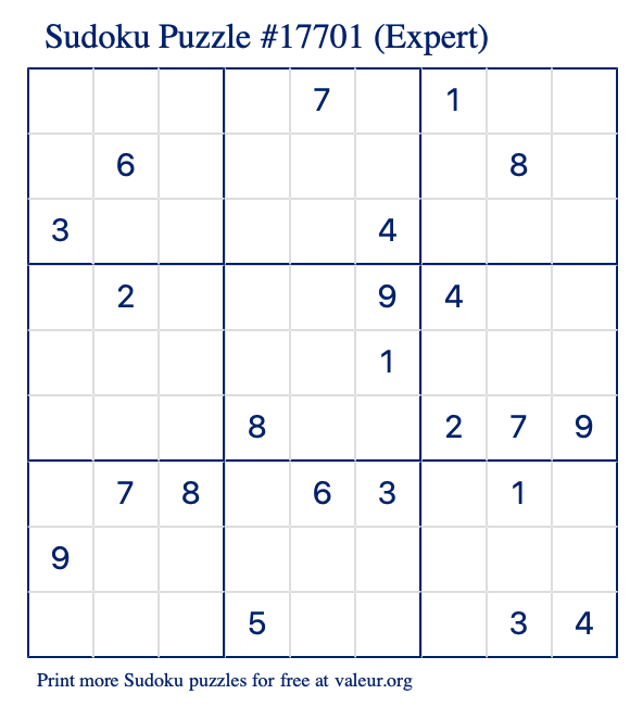 Free Printable Expert Sudoku Puzzle number 17701