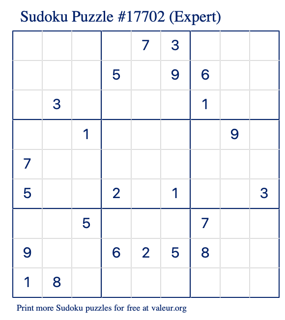 Free Printable Expert Sudoku Puzzle number 17702