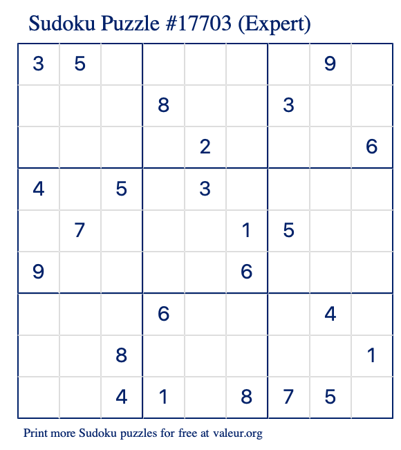Free Printable Expert Sudoku Puzzle number 17703