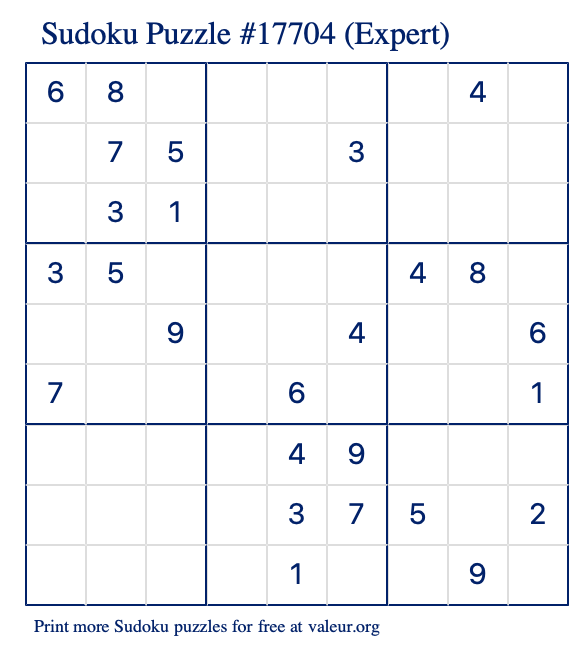Free Printable Expert Sudoku Puzzle number 17704