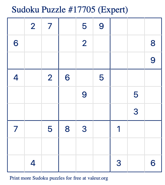 Free Printable Expert Sudoku Puzzle number 17705