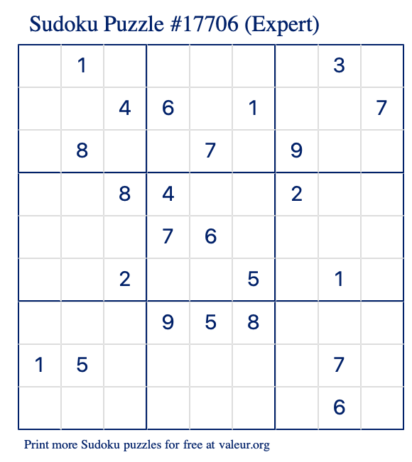 Free Printable Expert Sudoku Puzzle number 17706
