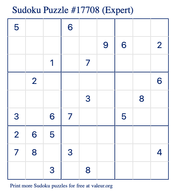 Free Printable Expert Sudoku Puzzle number 17708