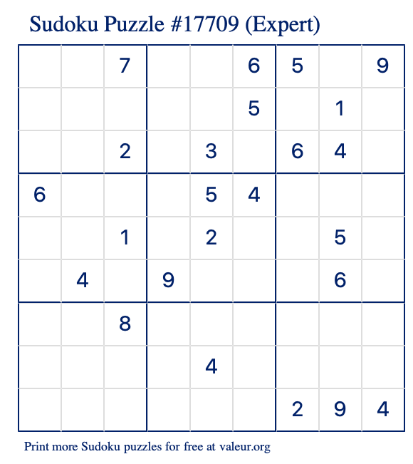 Free Printable Expert Sudoku Puzzle number 17709