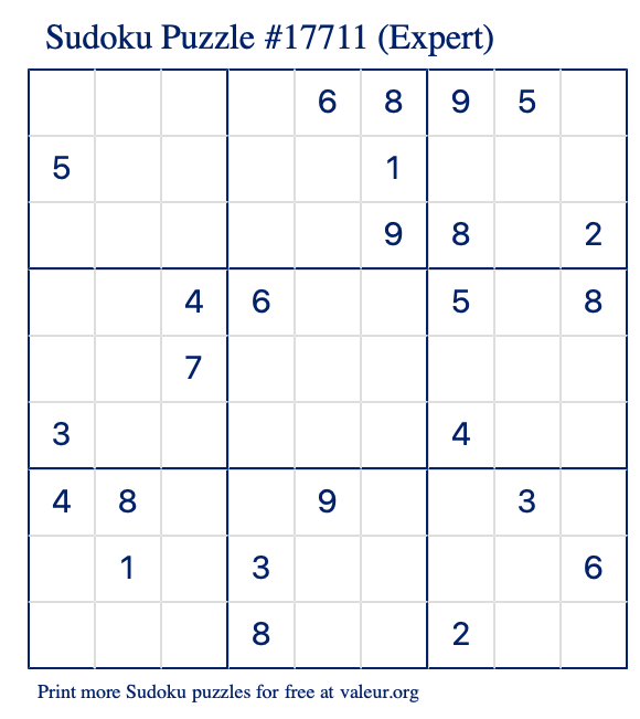 Free Printable Expert Sudoku Puzzle number 17711