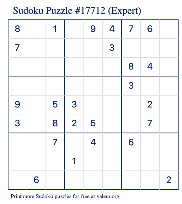 Free Printable Expert Sudoku Puzzle number 17712