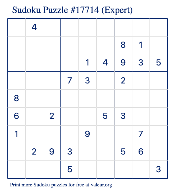 Free Printable Expert Sudoku Puzzle number 17714