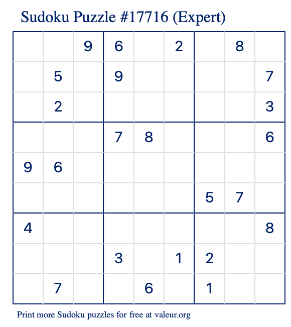Free Printable Expert Sudoku Puzzle number 17716
