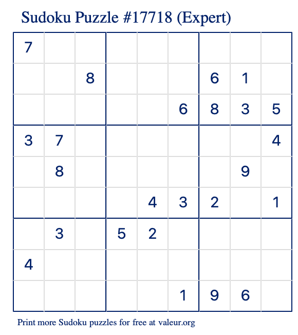 Free Printable Expert Sudoku Puzzle number 17718