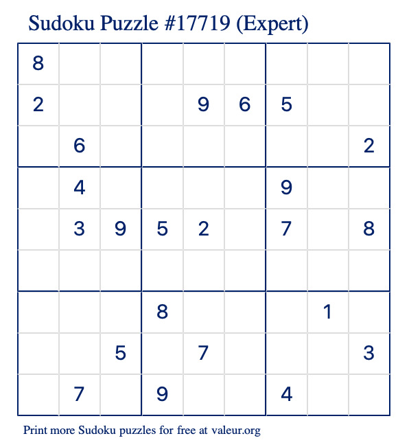 Free Printable Expert Sudoku Puzzle number 17719