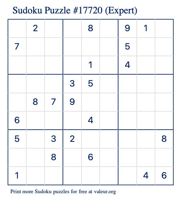 Free Printable Expert Sudoku Puzzle number 17720