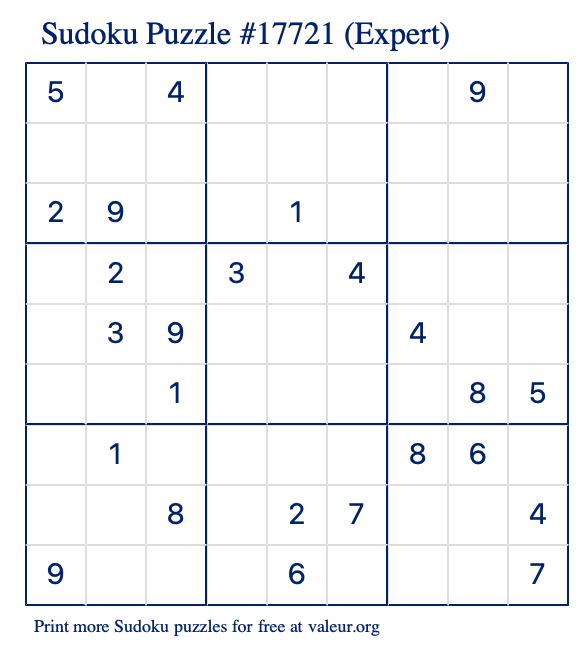 Free Printable Expert Sudoku Puzzle number 17721