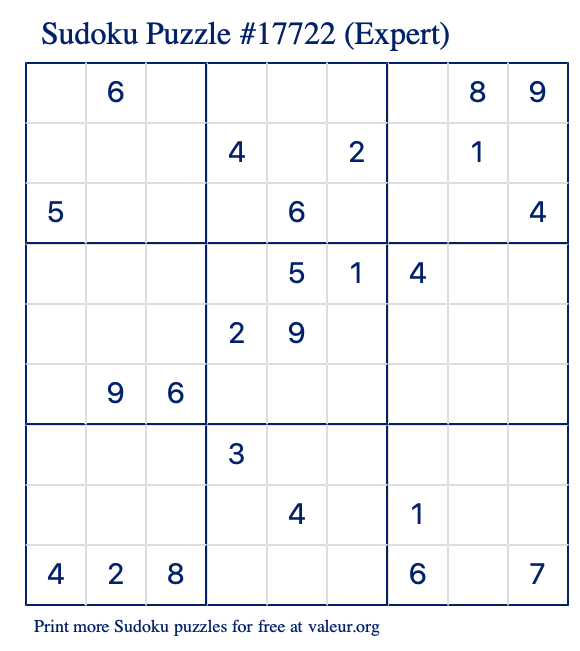 Free Printable Expert Sudoku Puzzle number 17722