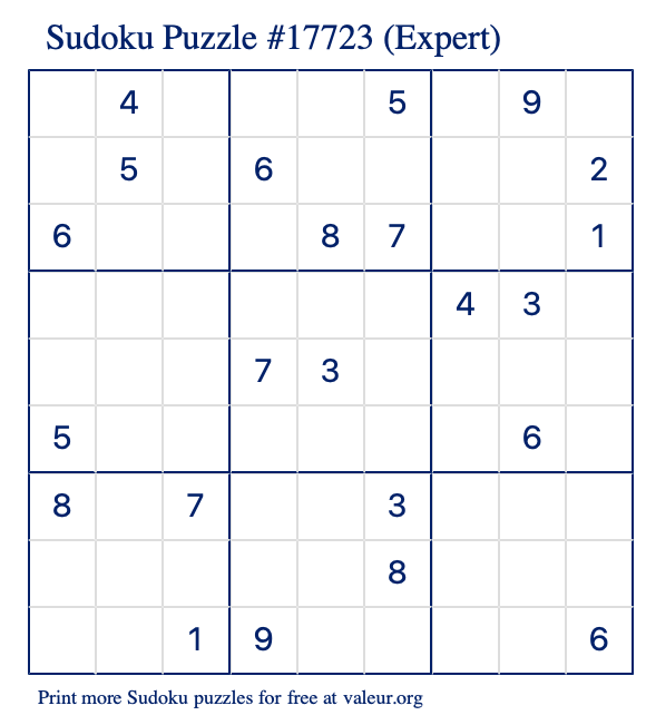 Free Printable Expert Sudoku Puzzle number 17723