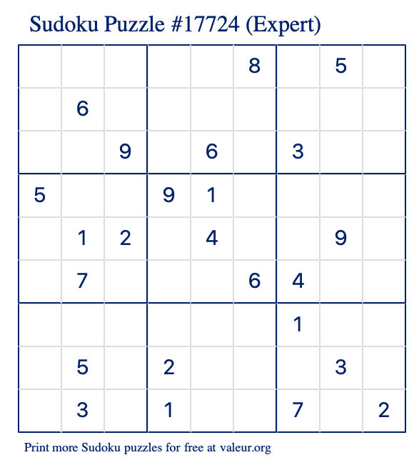 Free Printable Expert Sudoku Puzzle number 17724
