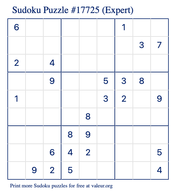 Free Printable Expert Sudoku Puzzle number 17725