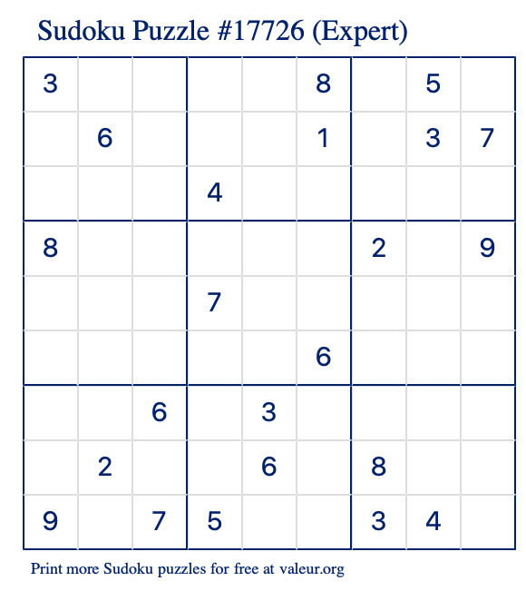 Free Printable Expert Sudoku Puzzle number 17726