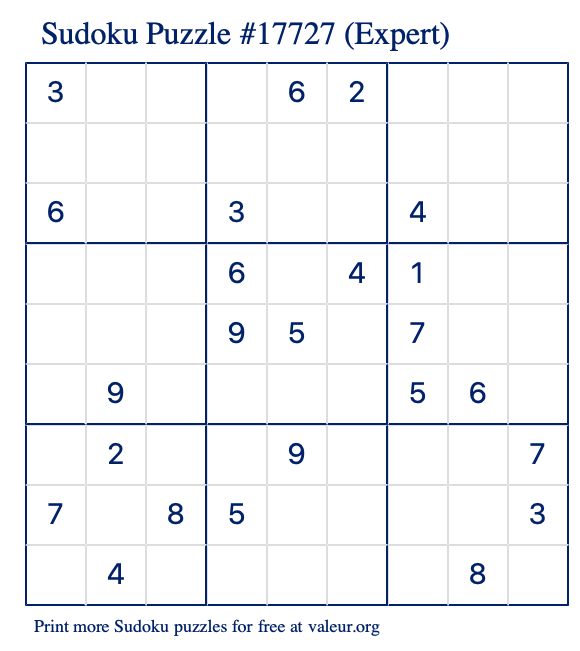 Free Printable Expert Sudoku Puzzle number 17727