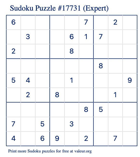 Free Printable Expert Sudoku Puzzle number 17731