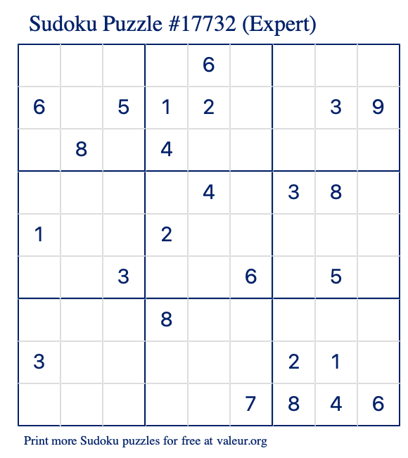 Free Printable Expert Sudoku Puzzle number 17732