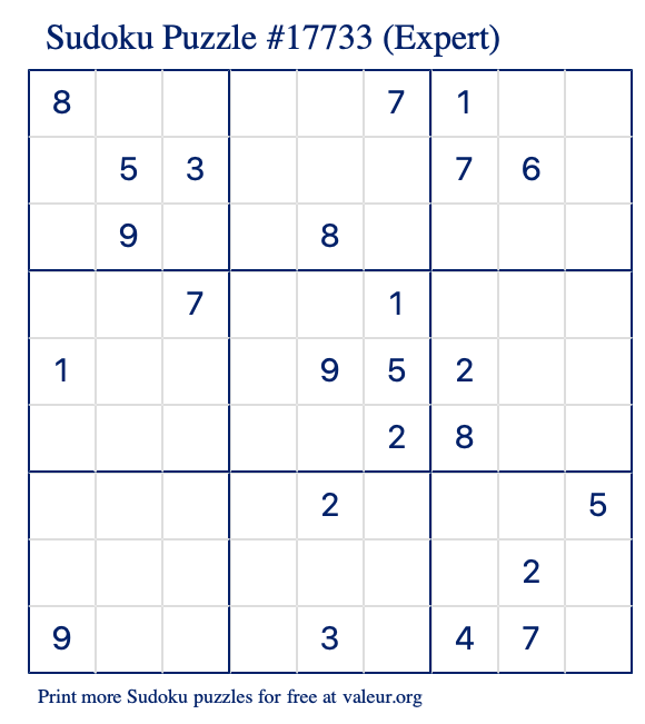 Free Printable Expert Sudoku Puzzle number 17733