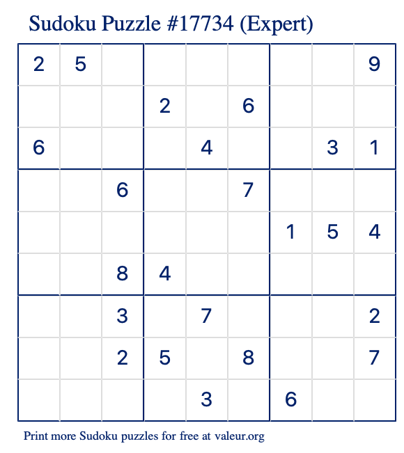 Free Printable Expert Sudoku Puzzle number 17734