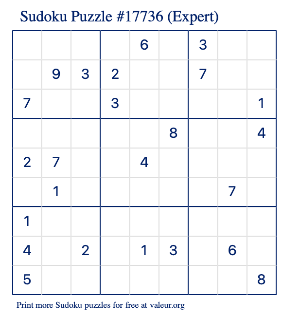 Free Printable Expert Sudoku Puzzle number 17736