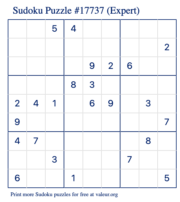 Free Printable Expert Sudoku Puzzle number 17737