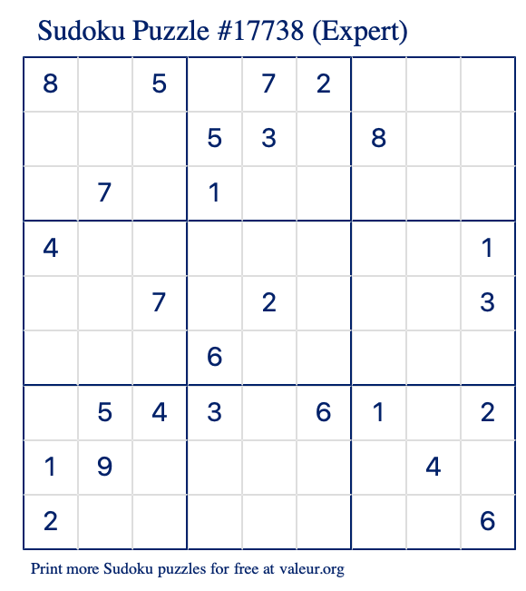 Free Printable Expert Sudoku Puzzle number 17738