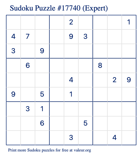 Free Printable Expert Sudoku Puzzle number 17740