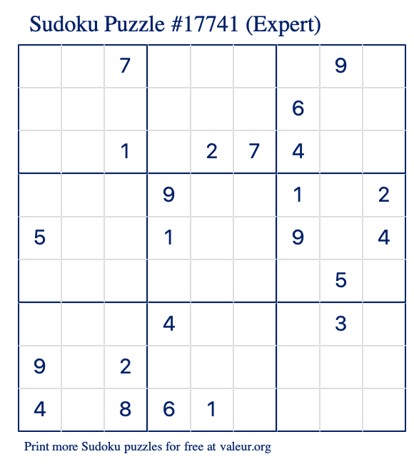 Free Printable Expert Sudoku Puzzle number 17741
