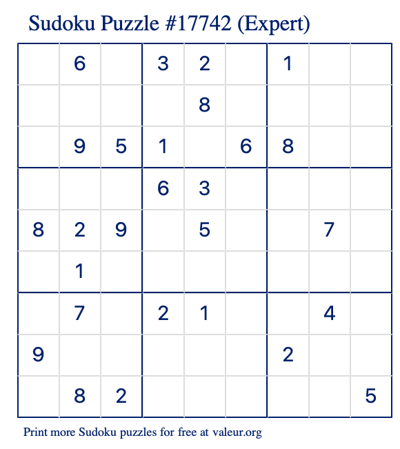 Free Printable Expert Sudoku Puzzle number 17742