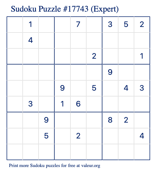 Free Printable Expert Sudoku Puzzle number 17743