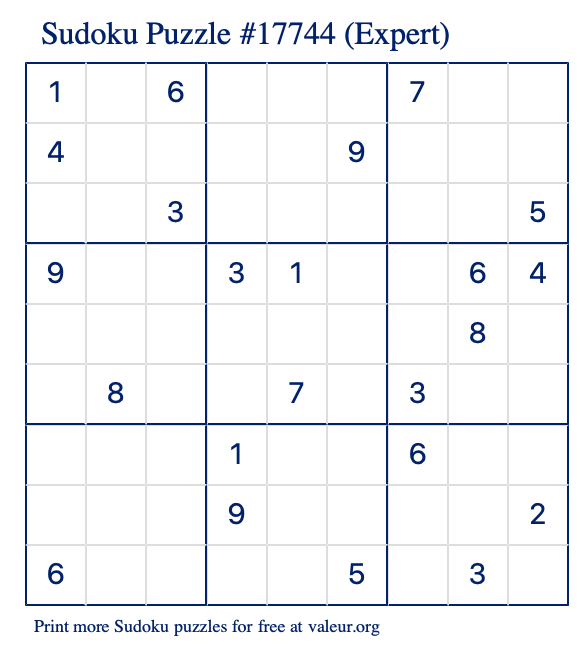 Free Printable Expert Sudoku Puzzle number 17744
