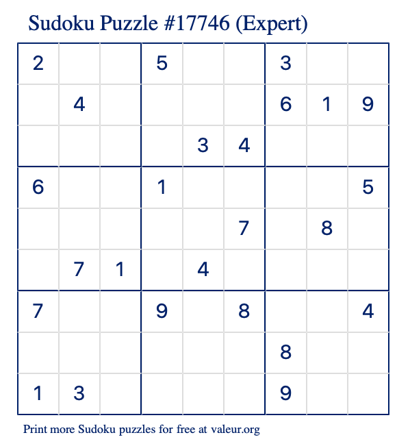 Free Printable Expert Sudoku Puzzle number 17746