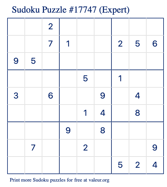 Free Printable Expert Sudoku Puzzle number 17747
