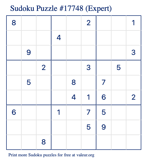 Free Printable Expert Sudoku Puzzle number 17748