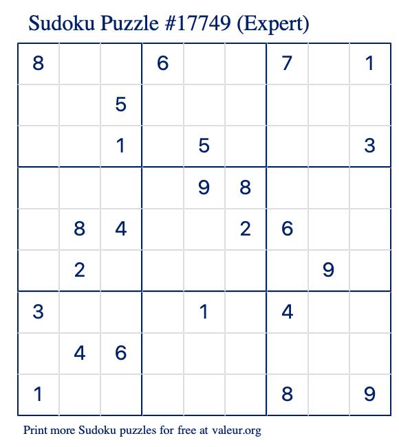 Free Printable Expert Sudoku Puzzle number 17749