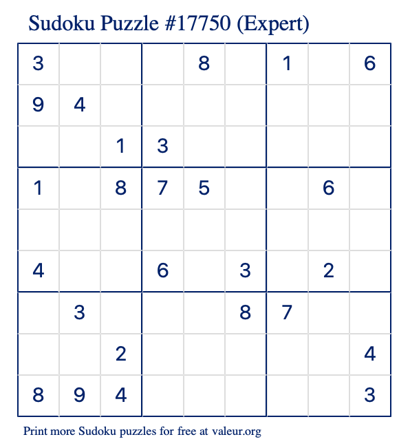Free Printable Expert Sudoku Puzzle number 17750