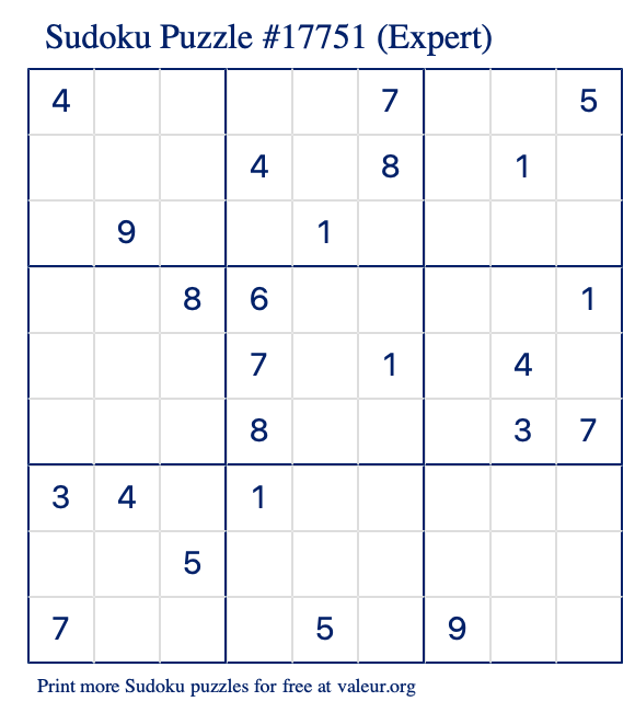 Free Printable Expert Sudoku Puzzle number 17751