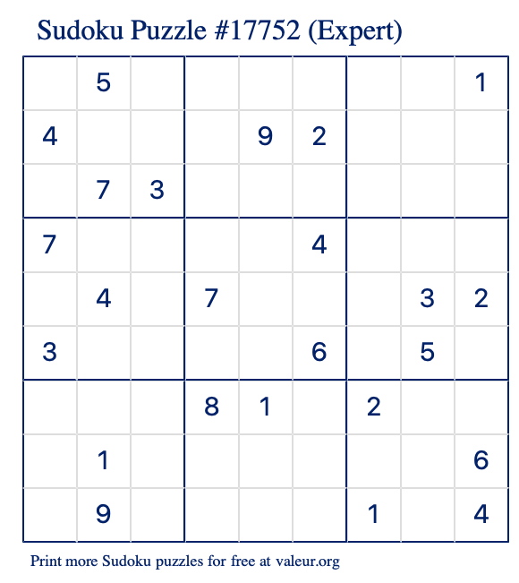 Free Printable Expert Sudoku Puzzle number 17752